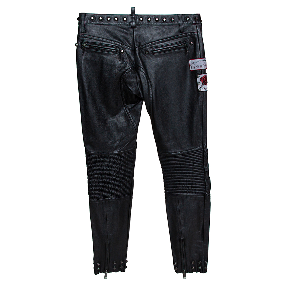 

Dsquared2 Black Calf Leather Patch Detail Biker Pants