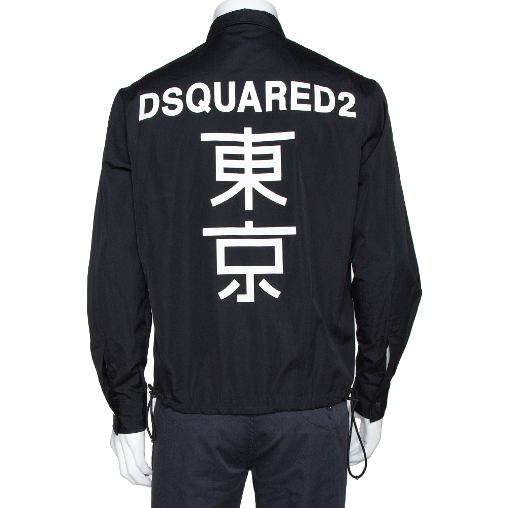 Pre Owned Dsquared2 Black Cotton Zipper Front Logo Print Windbreaker Shirt M
