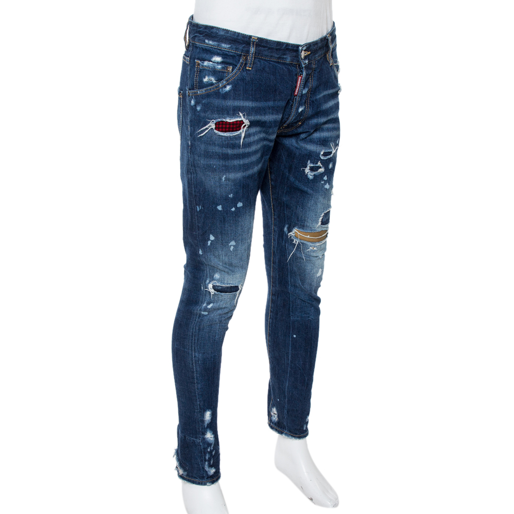 

Dsquared2 Blue Distressed Denim Patched Classic Kenny Twist Jeans