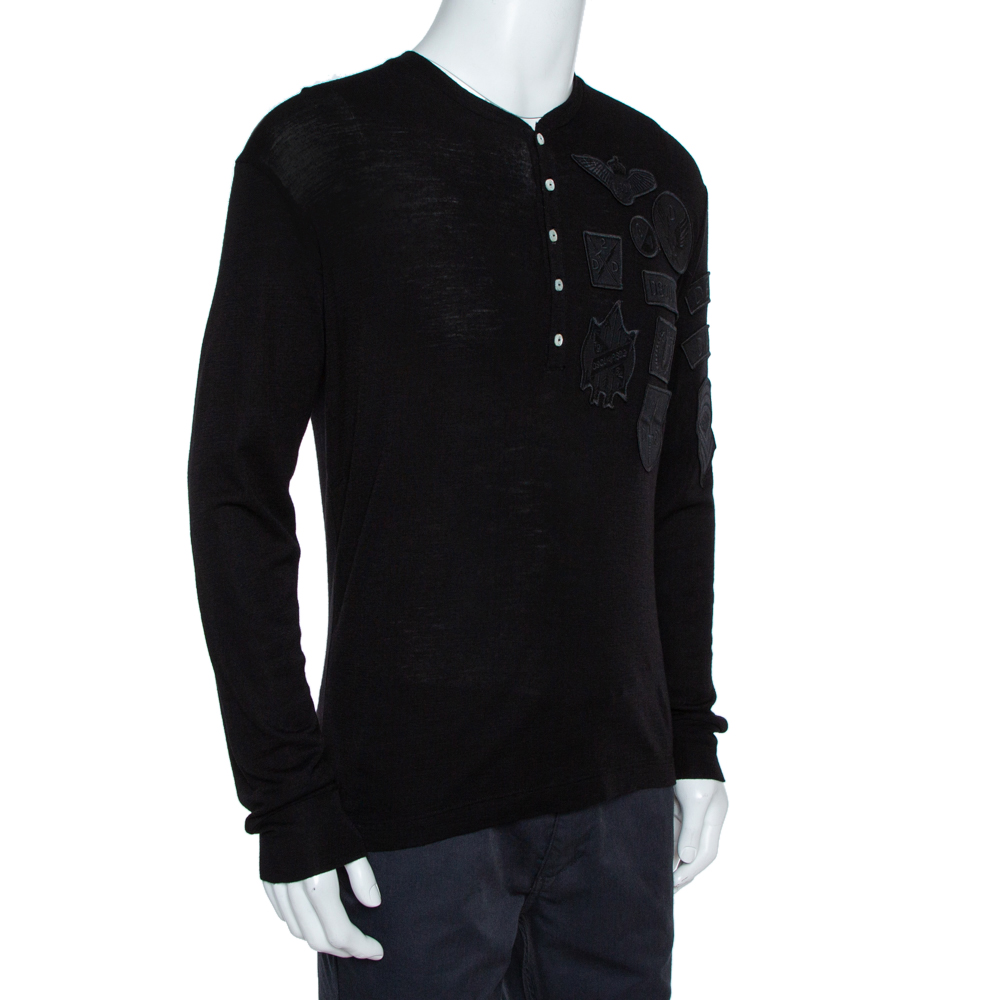 

Dsquared2 Black Wool Knit Badge Detailed Henley T-Shirt