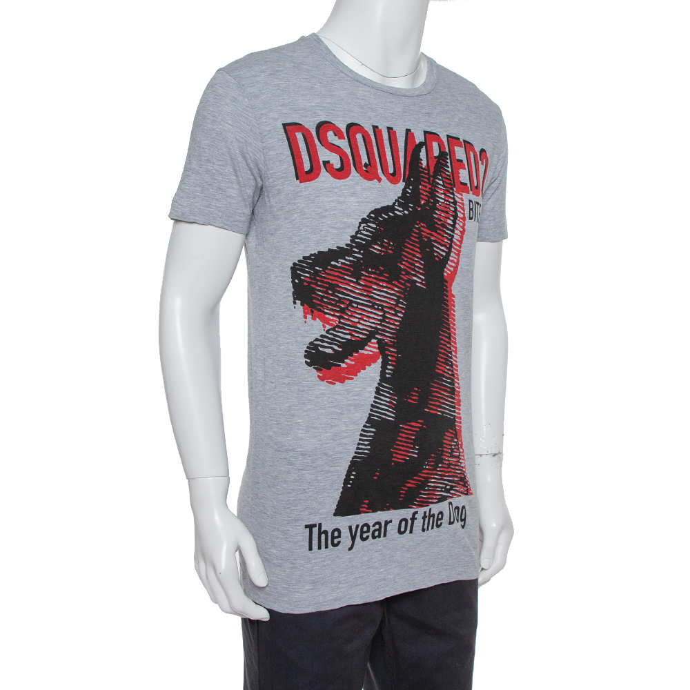 

Dsquared2 Grey Cotton The Year of The Dog Print Long Cool Fit T-Shirt