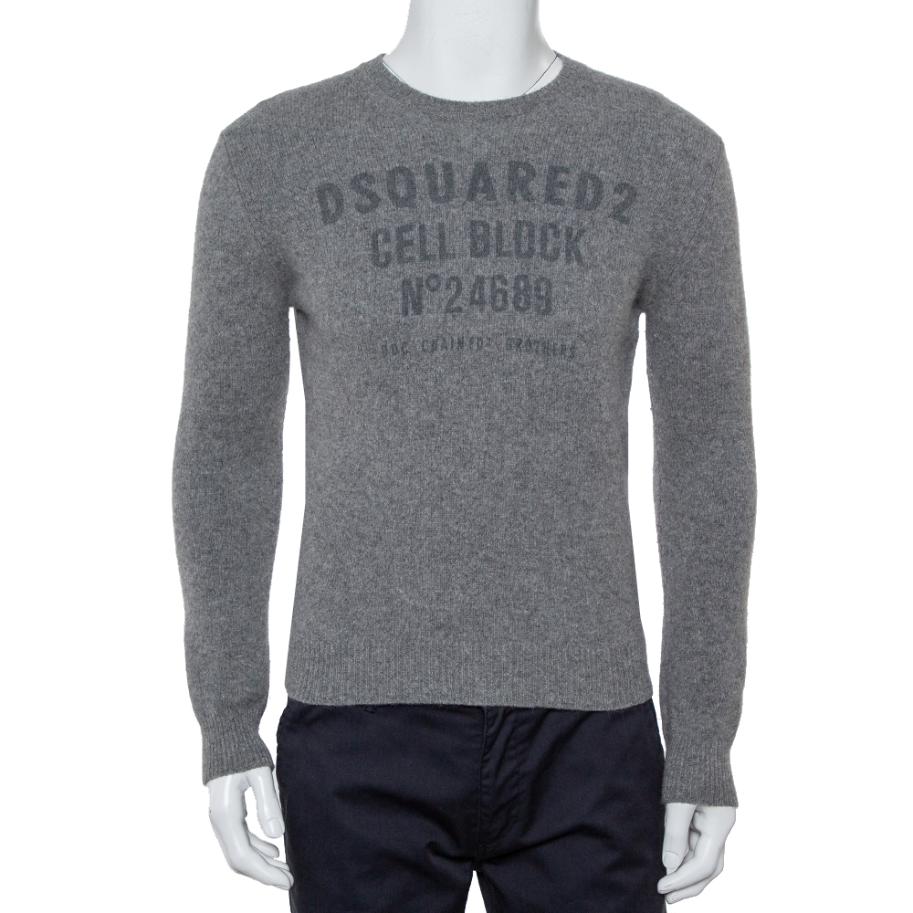 Pre-owned Dsquared2 Grey Wool Cell Block Printed Crewneck Sweater S