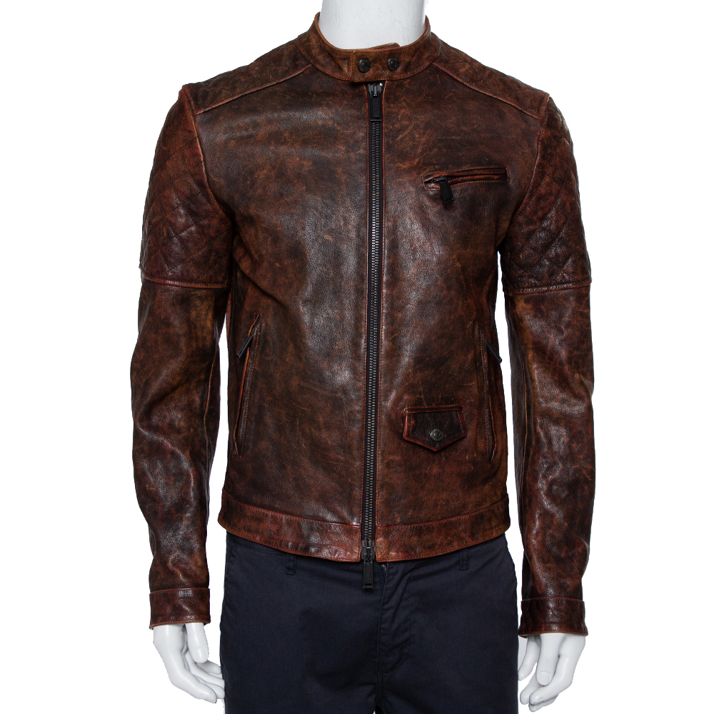 Pre-owned Dsquared2 Brown Leather Quilted Detail Zip Front Jacket M