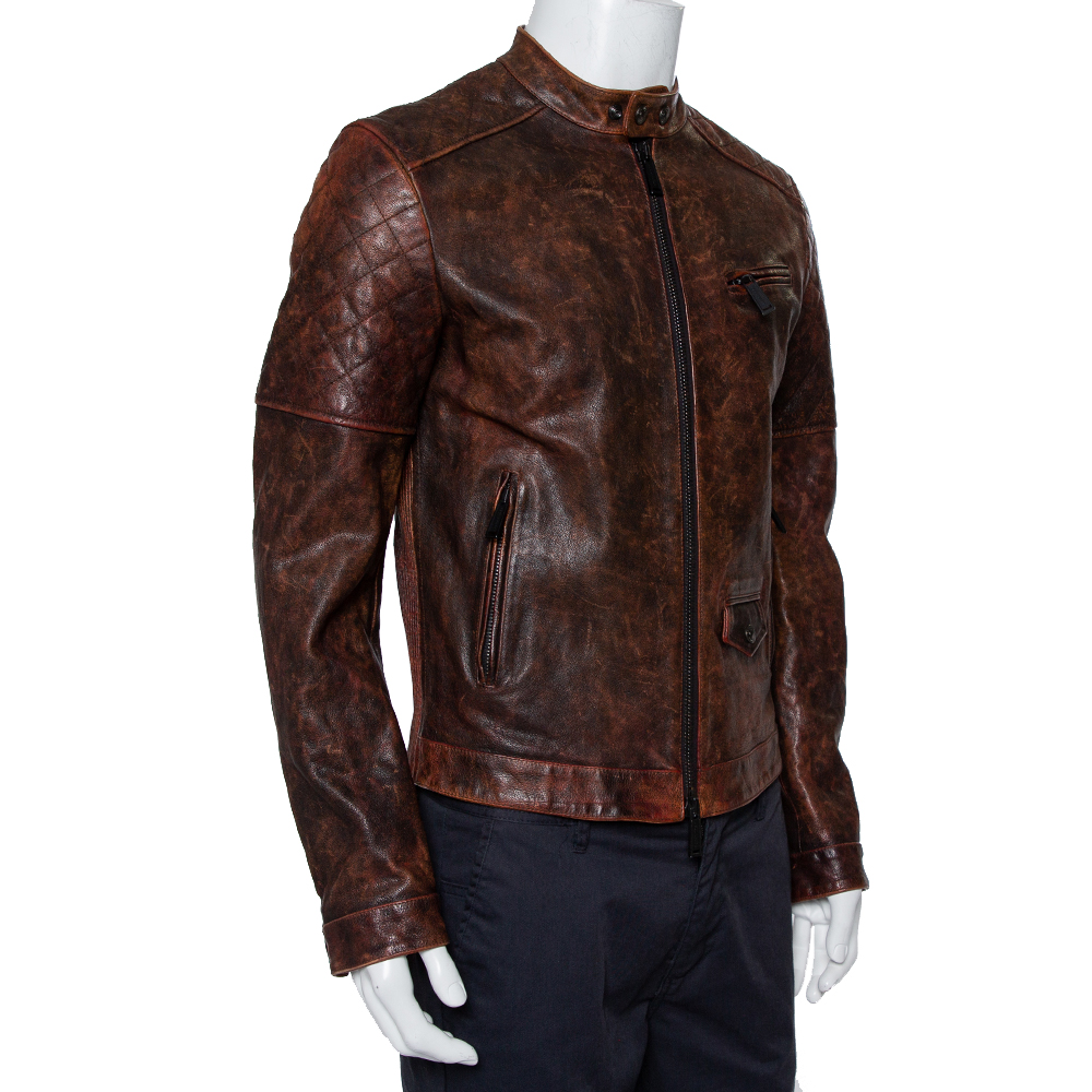 

Dsquared2 Brown Leather Quilted Detail Zip Front Jacket