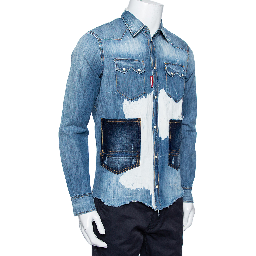 

Dsquared2 Blue Denim Button Front Paneled Distressed Shirt