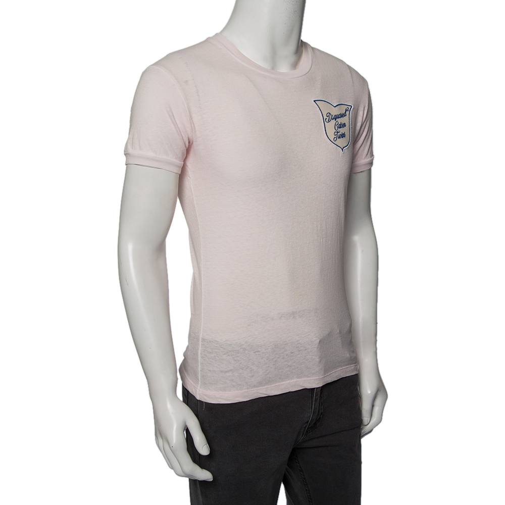 

Dsquared2 Light Pink Cotton Logo Embroidered Patch Detail T-Shirt
