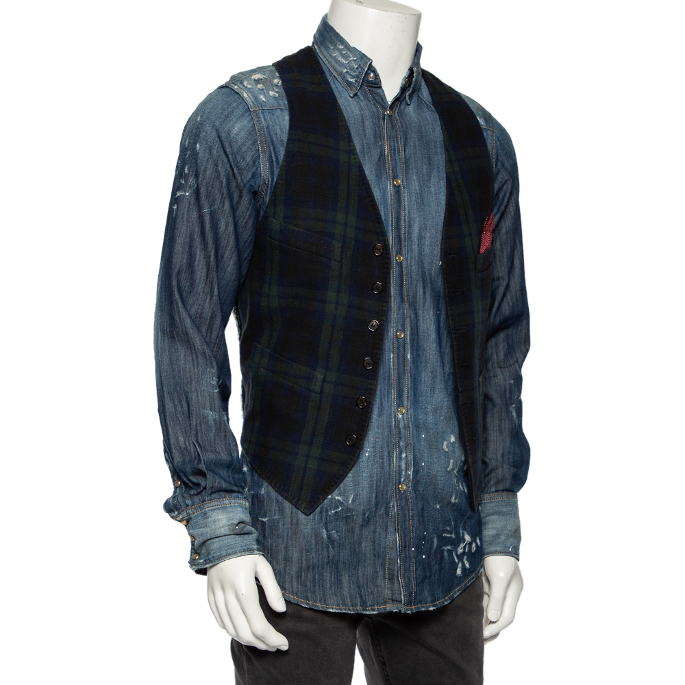 

Dsquared2 Blue Dirty Denim Checkered Wool Vest Detail Shirt