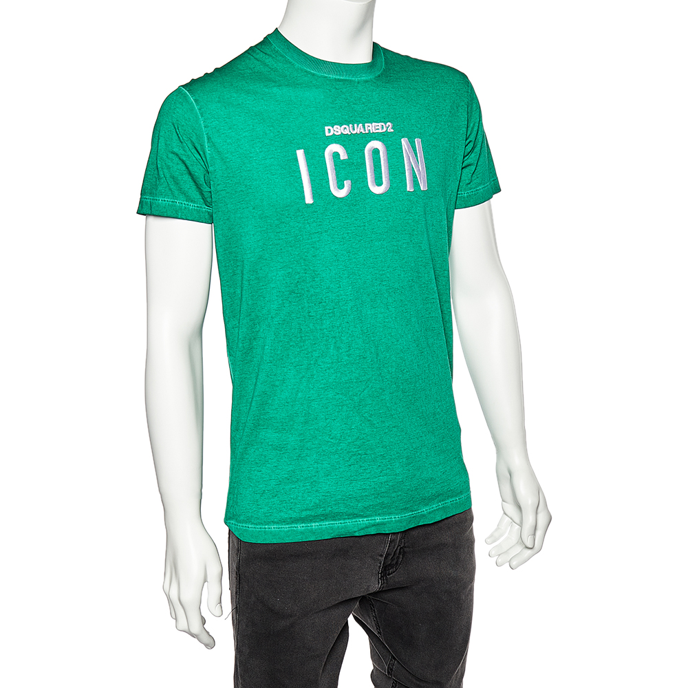 

Dsquared2 Green Washed Out Effect Cotton Logo Icon Detail Crewneck T-Shirt
