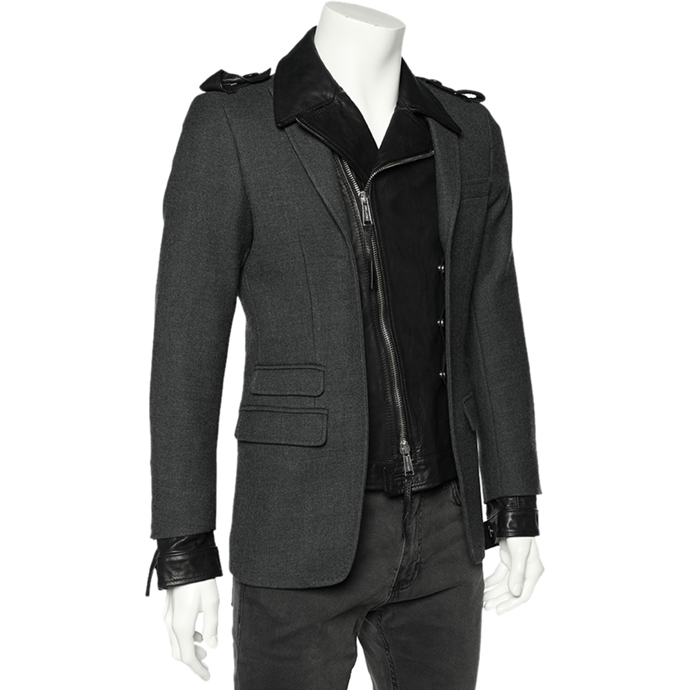 

Dsquared2 Grey Wool & Black Leather Trim Biker Jacket