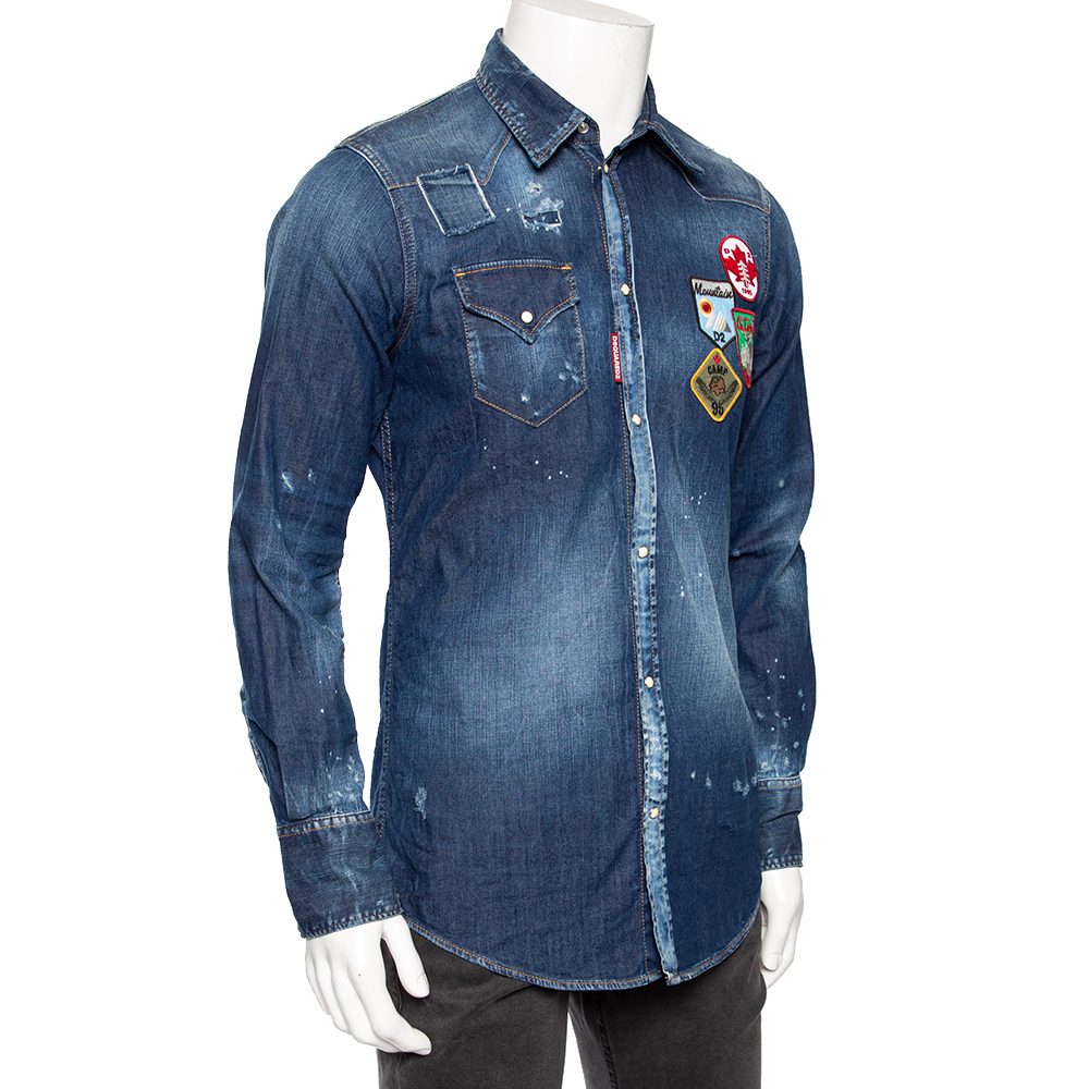 

Dsquared2 Blue Distressed Denim Patch Appliqued Button Front Shirt