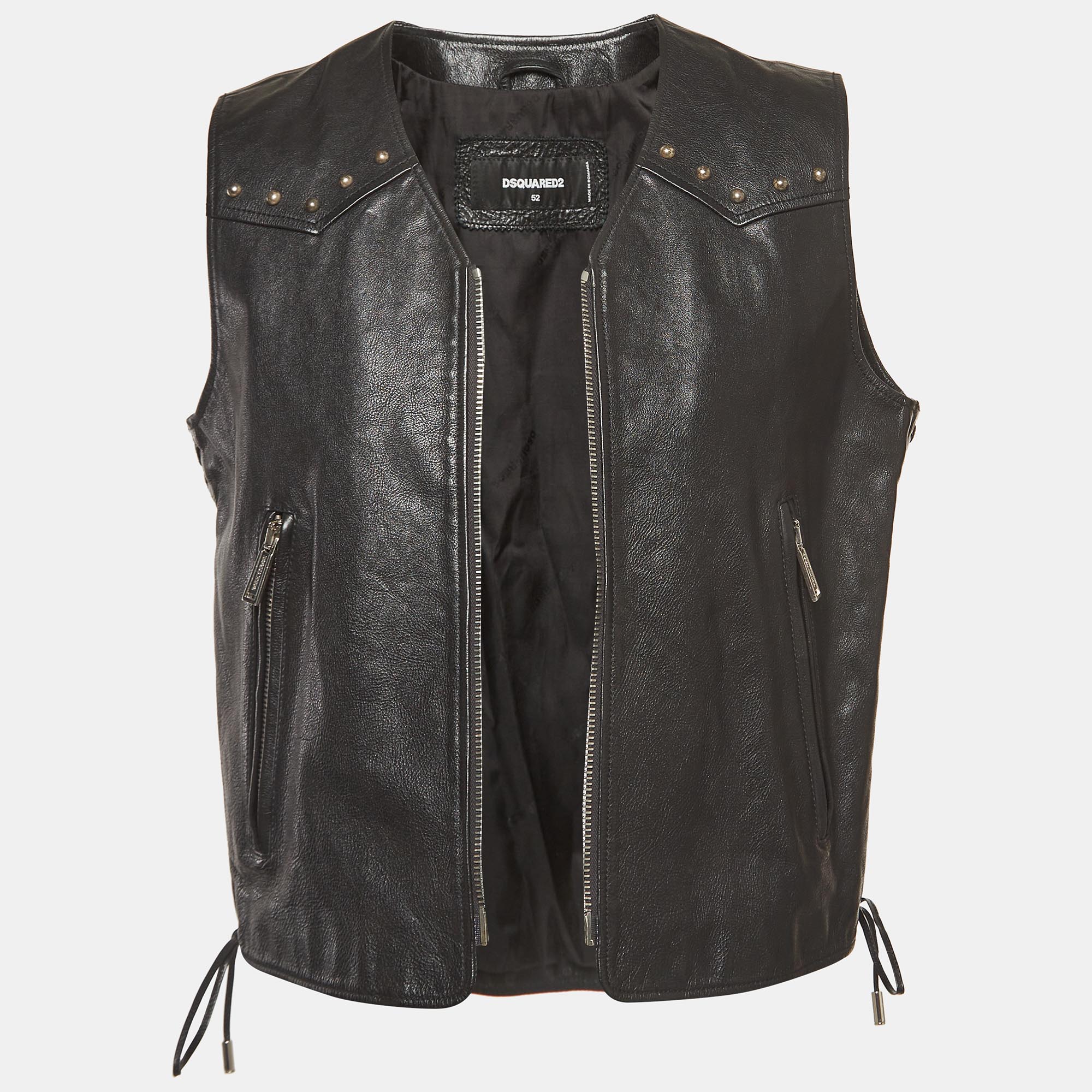 Pre-owned Dsquared2 Black Studded Leather Lace-up Vest Xl