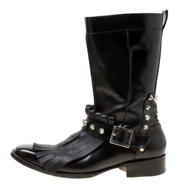 

Dsquared2 Black Leather Spike Fringe Detail Calf Length Boots Size