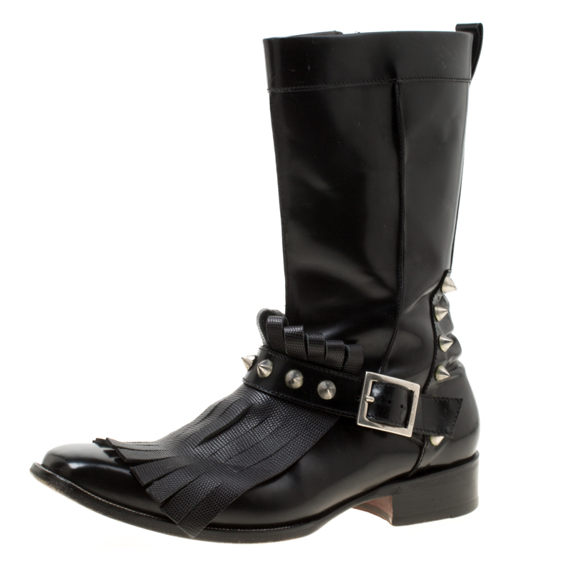 Dsquared2 Black Leather Spike Fringe Detail Calf Length Boots Size 44