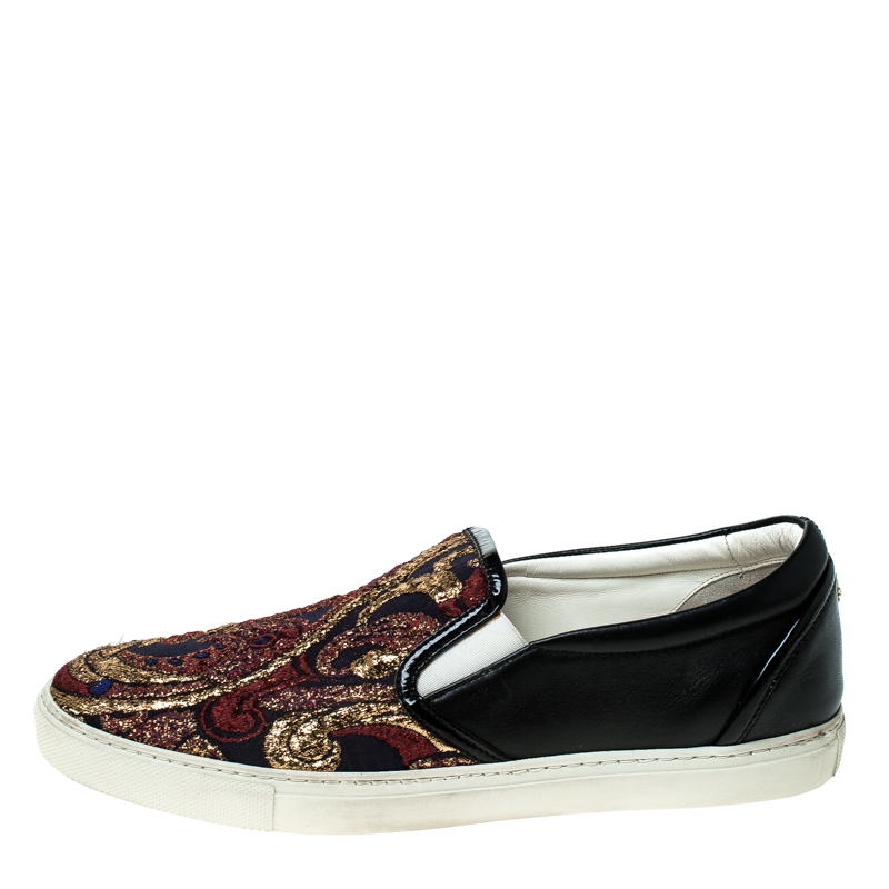 

Dsquared2 Black Leather And Brocade Embroidered Fabric Slip On Sneakers Size, Multicolor
