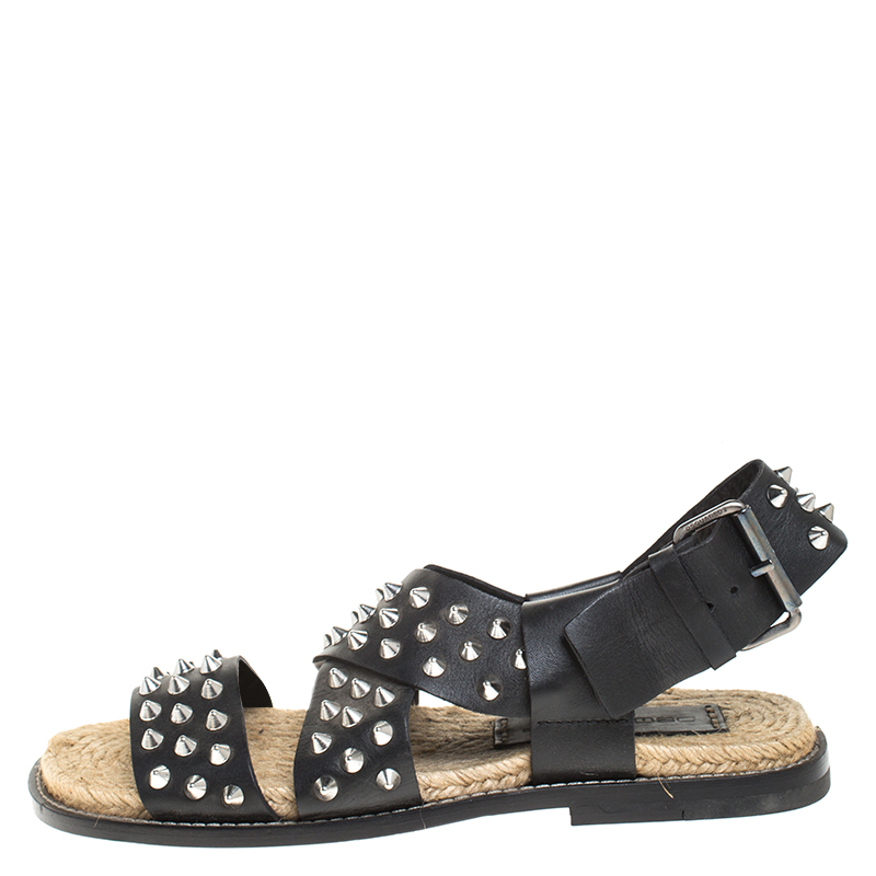 

Dsquared2 Black Spiked Leather Cross Ankle Strap Espadrille Flats Size