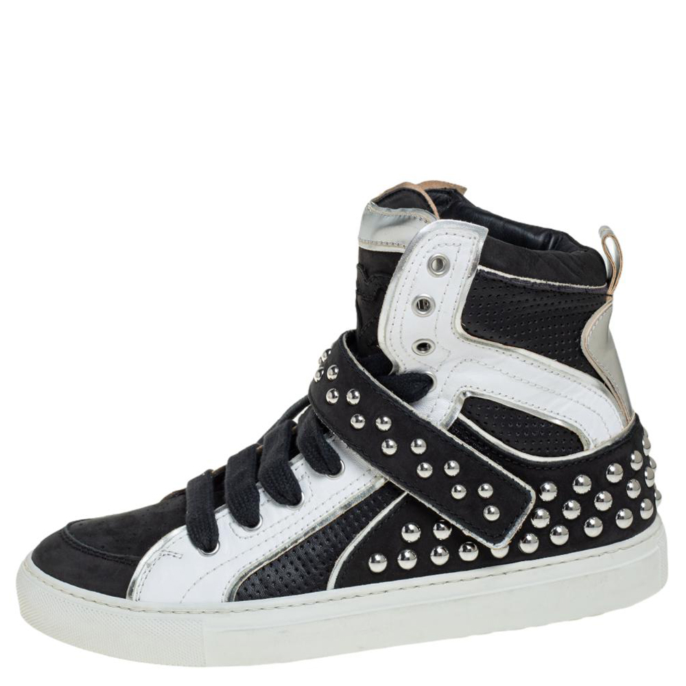 

Dsquared2 Black/White Leather And Nubuck Studded High Top Sneakers Size