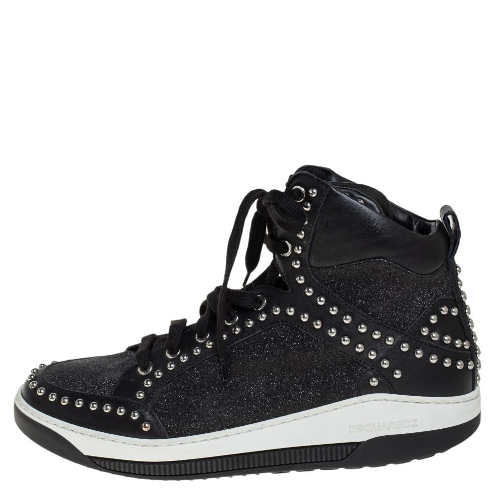 

Dsquared2 Black Leather And Glitter Studded High Top Sneakers Size