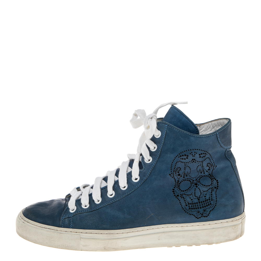 

DSquared Blue Leather Perforated Skull High Top Sneakers Size