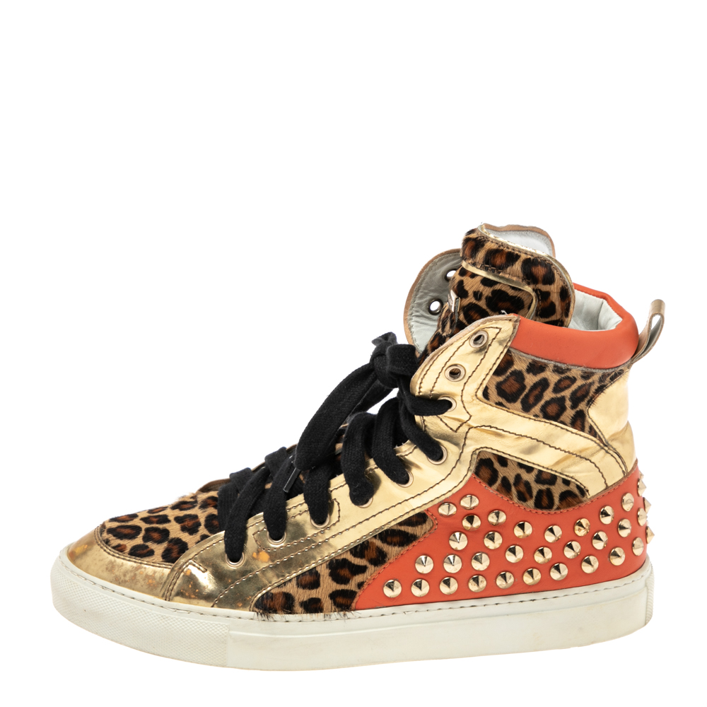 

Dsquared2 Multicolor Leopard Print Pony Hair and Patent Leather Studded High Top Sneakers Size