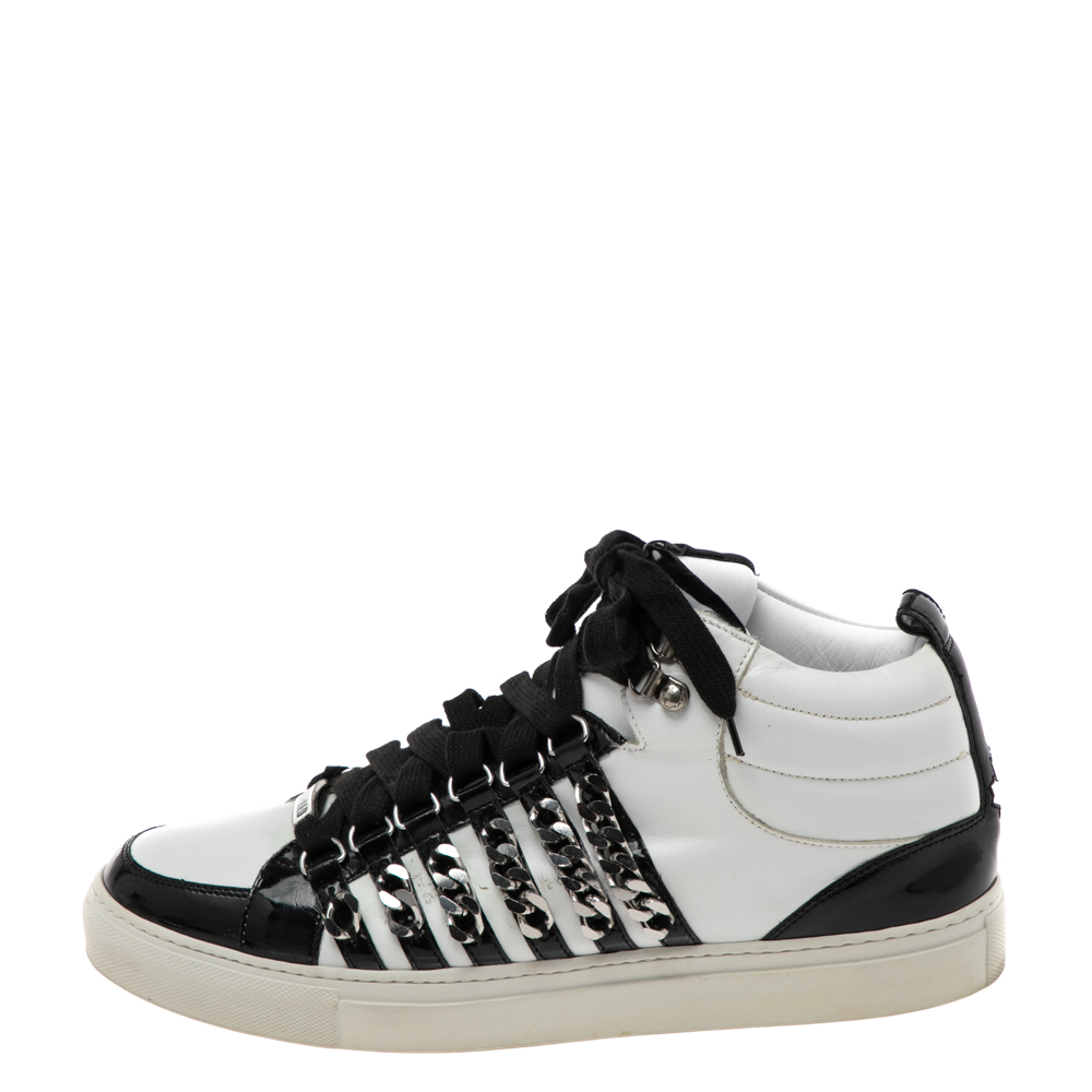 

Dsqaured2 Black/White Leather And Patent Leather Chain Embellished High Top Sneakers Size