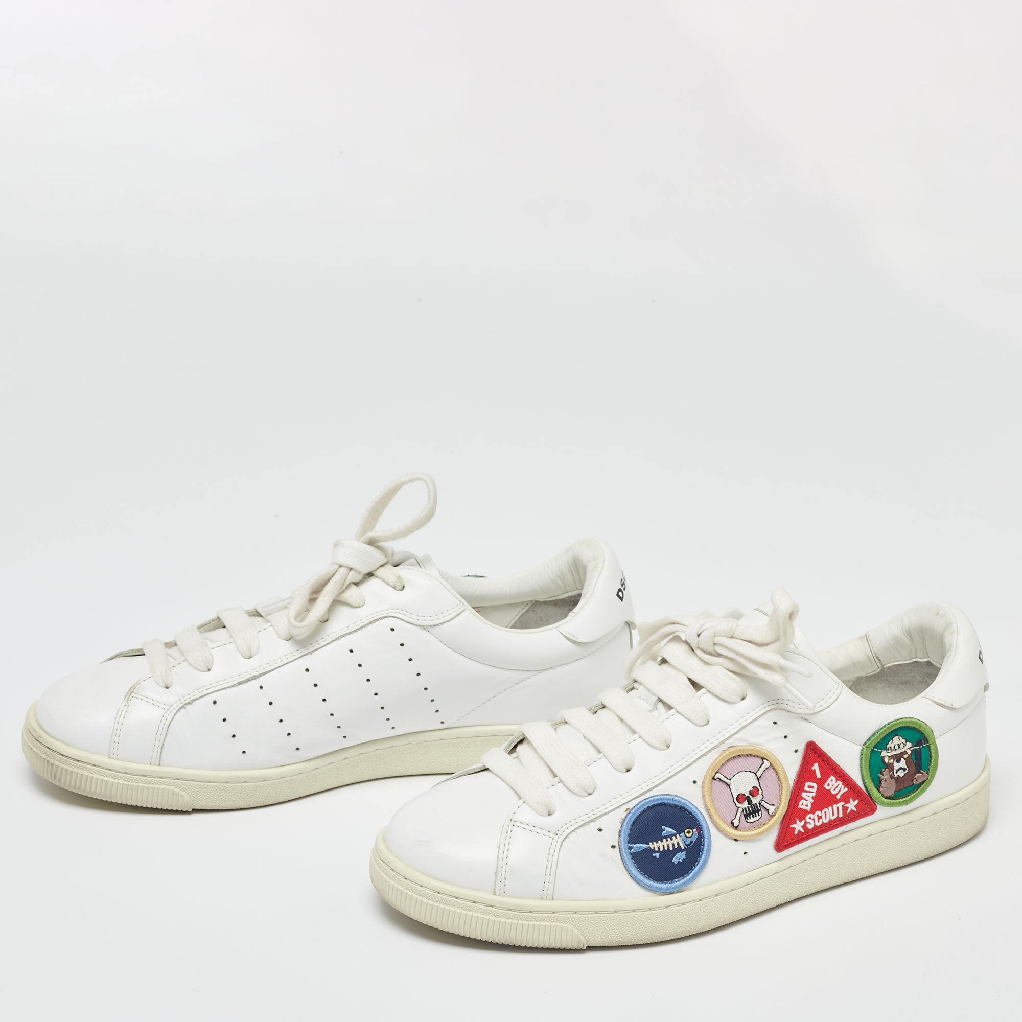 

Dsquared2 White Leather Embroidered Patch Work Lace Up Sneakers Size