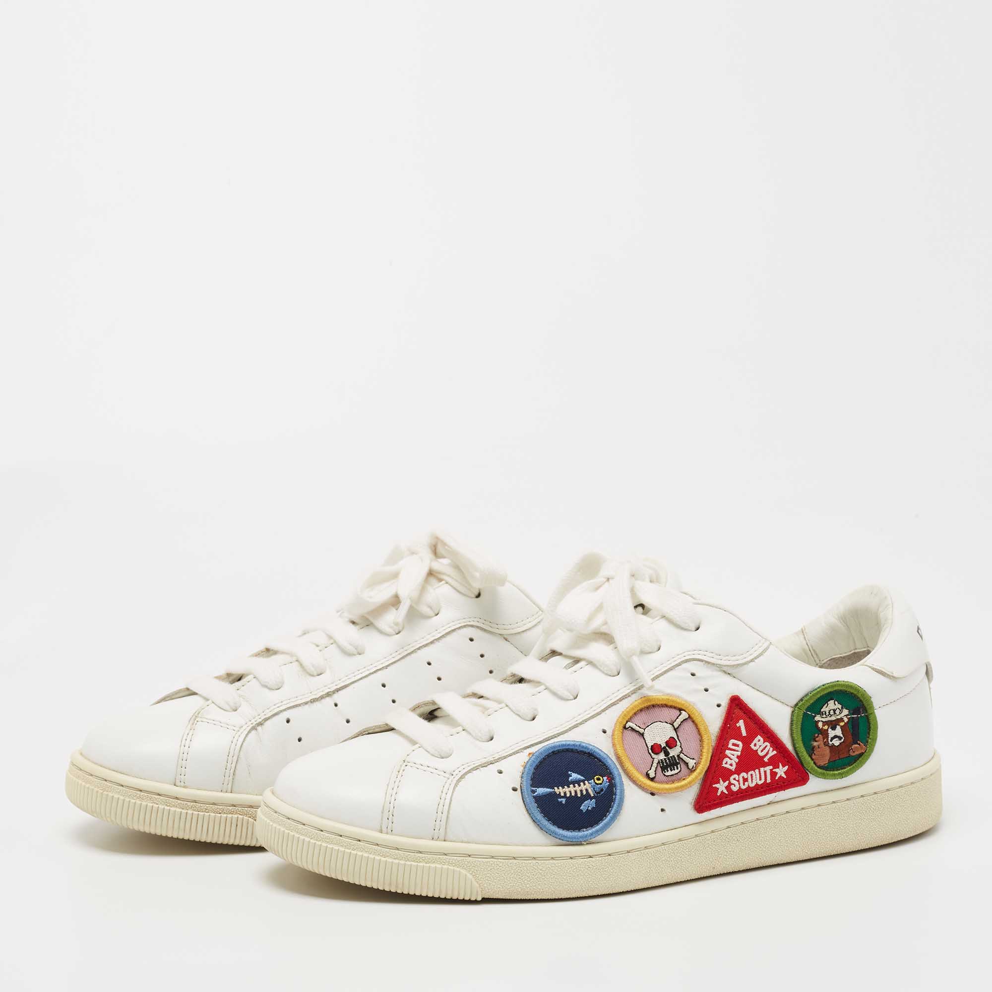 

Dsquared2 White Leather Embroidered Patch Work Lace Up Sneakers Size