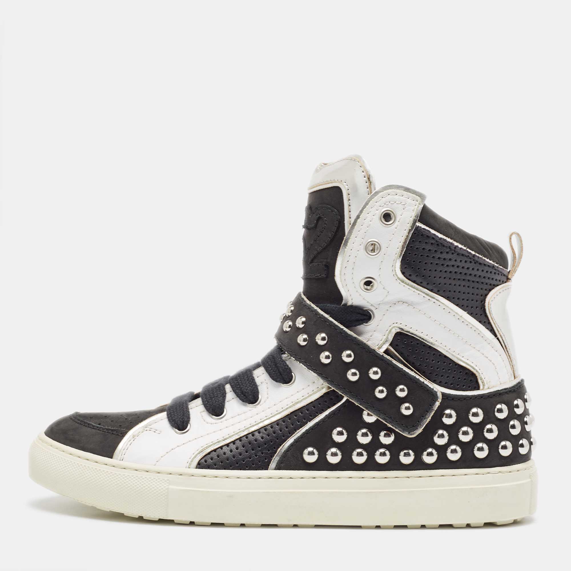 

Dsquared2 Black/Silver Leather Studded High Top Sneakers Size