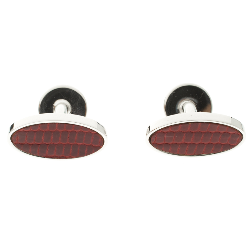 Dunhill Red Leather Silver Tone Oval Cufflinks