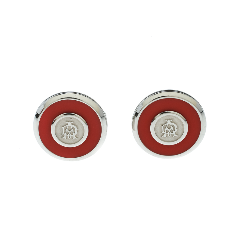 Dunhill Ad Ellipse Engraved Red Enamel Stainless Steel Round Cufflinks
