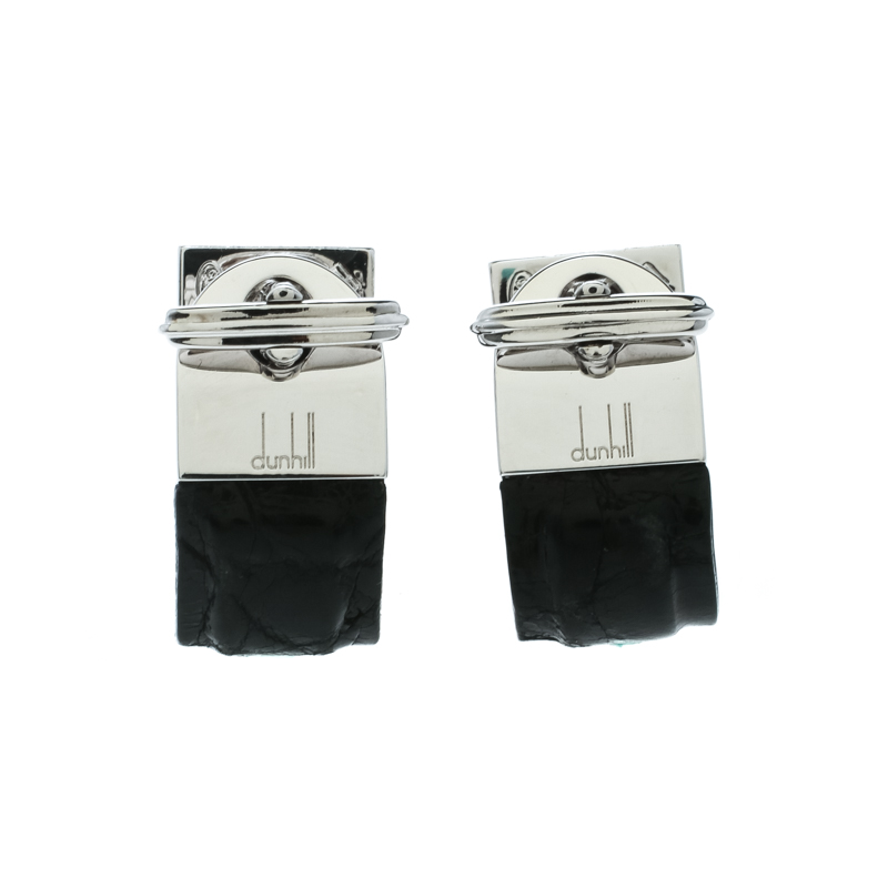 Pre Owned Dunhill Black Leather & Silver Wrap Around Cufflinks 