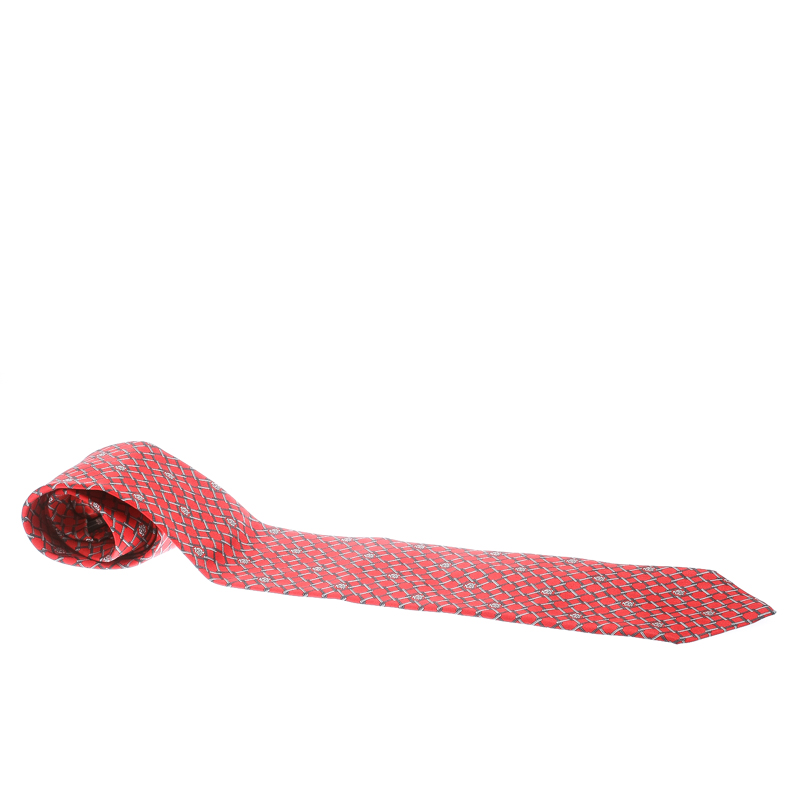 Pre Owned Dunhill Red Geometric Logo Printed Silk Traditional Tie