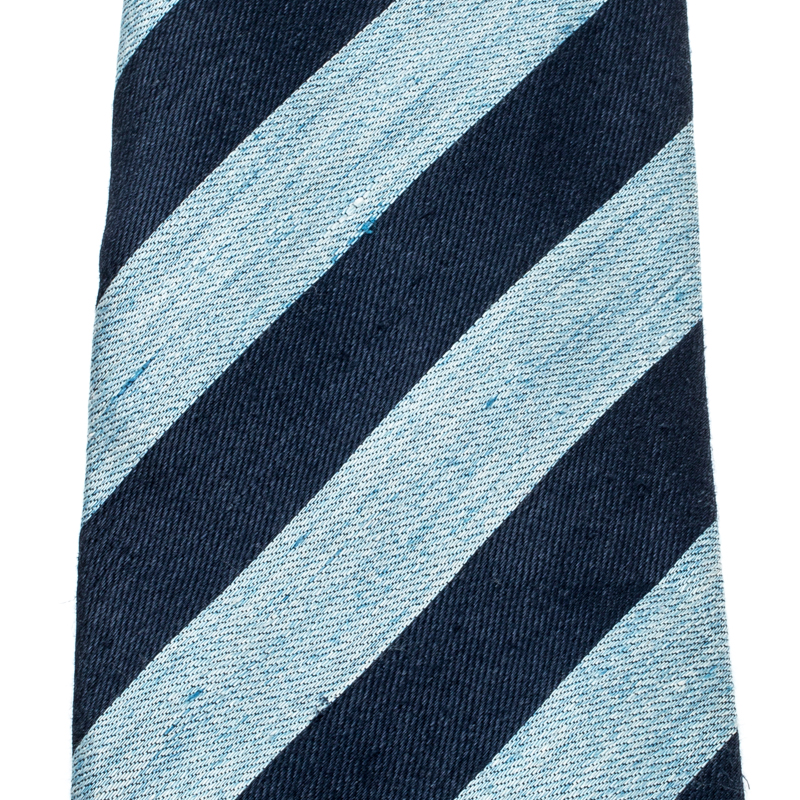 Pre-owned Dunhill Blue Silk Linen Striped Denim Pattern Tie
