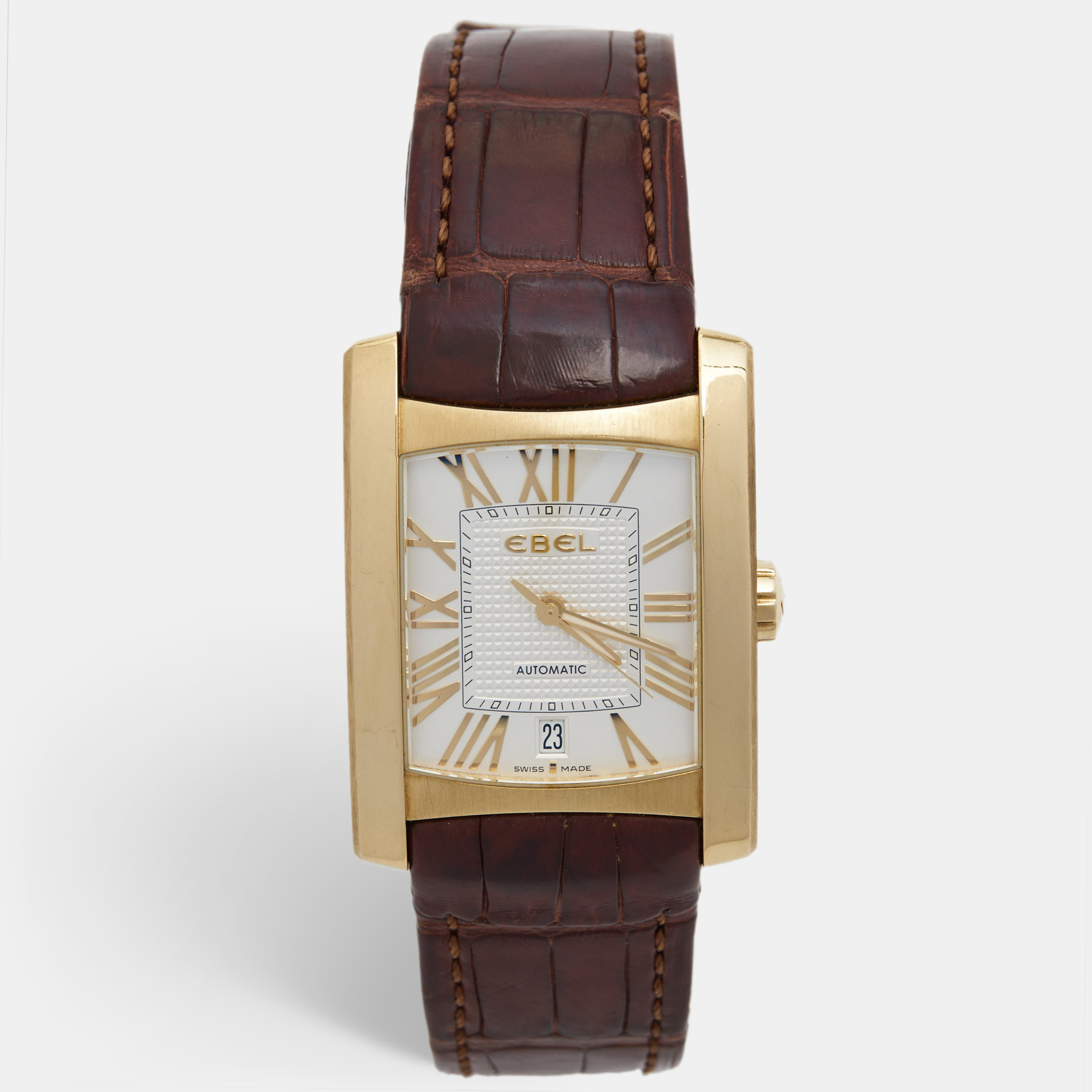 Pre-owned Ebel Silver 18k Yellow Gold Alligator Leather Brasilia 1215618 Men's Wristwatch 32.50 Mm