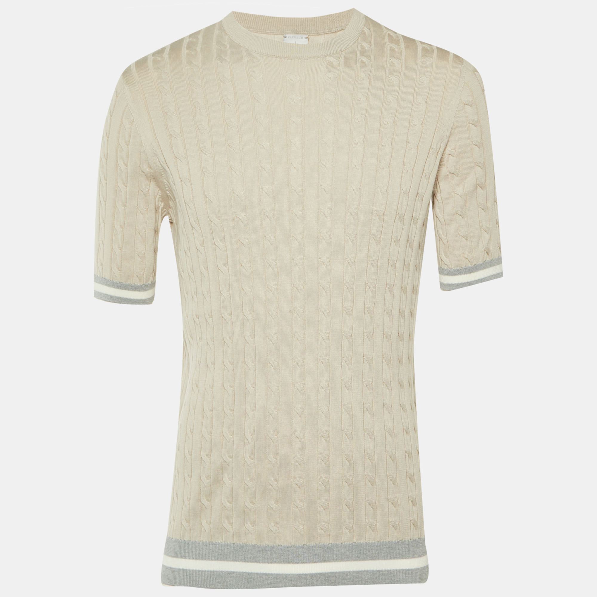 

Eleventy Beige Cable Knit Crew Neck T-Shirt L