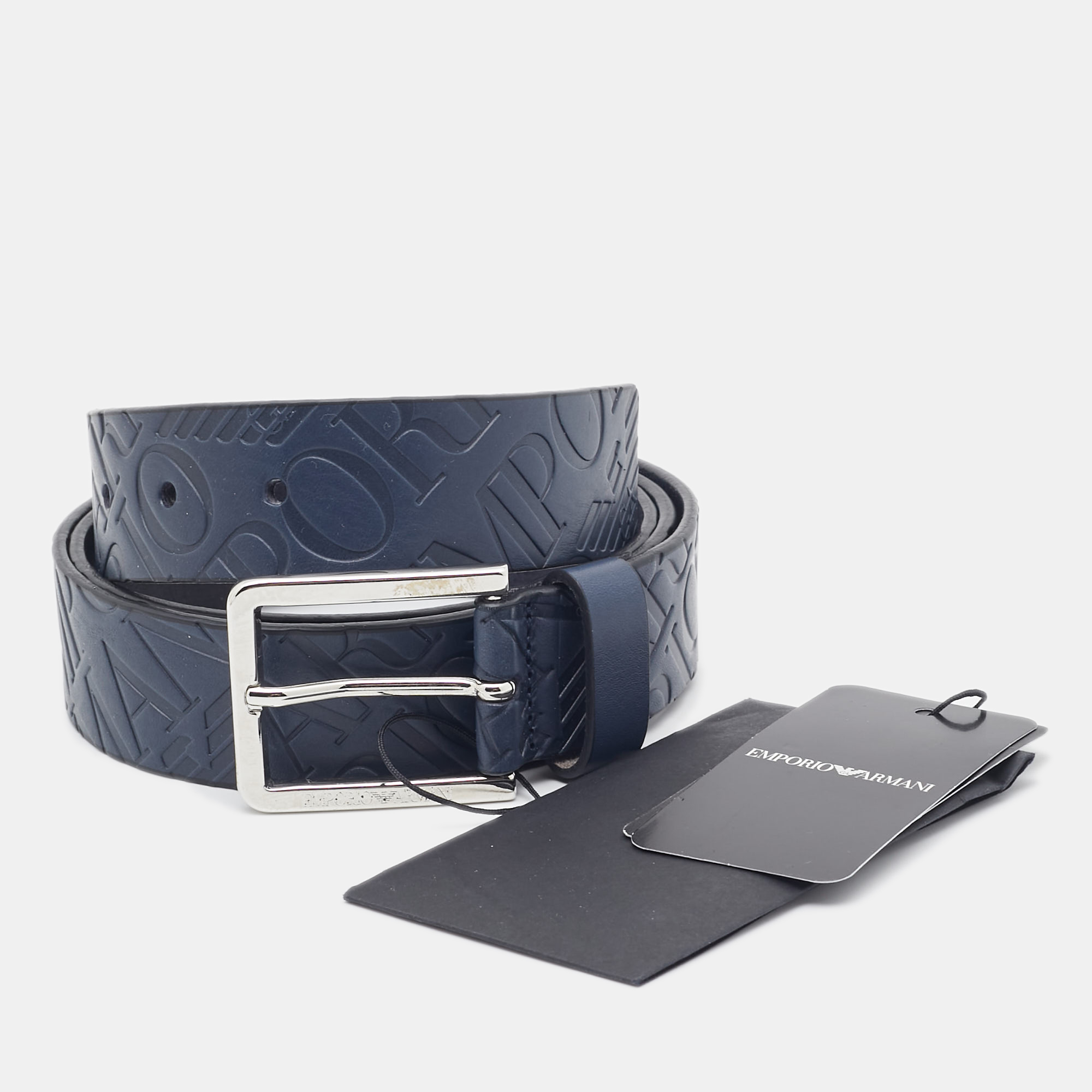 

Emporio Armani Navy Blue Logo Embossed Leather Tongue Buckle Belt