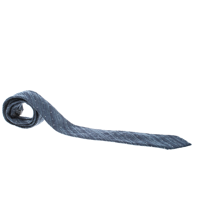 Pre Owned Emporio Armani Blue Textured Wool and Silk Dotted  Tie