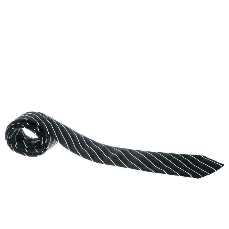 Pre Owned Emporio Armani Monochrome Striped Silk Jacquard Traditional Tie