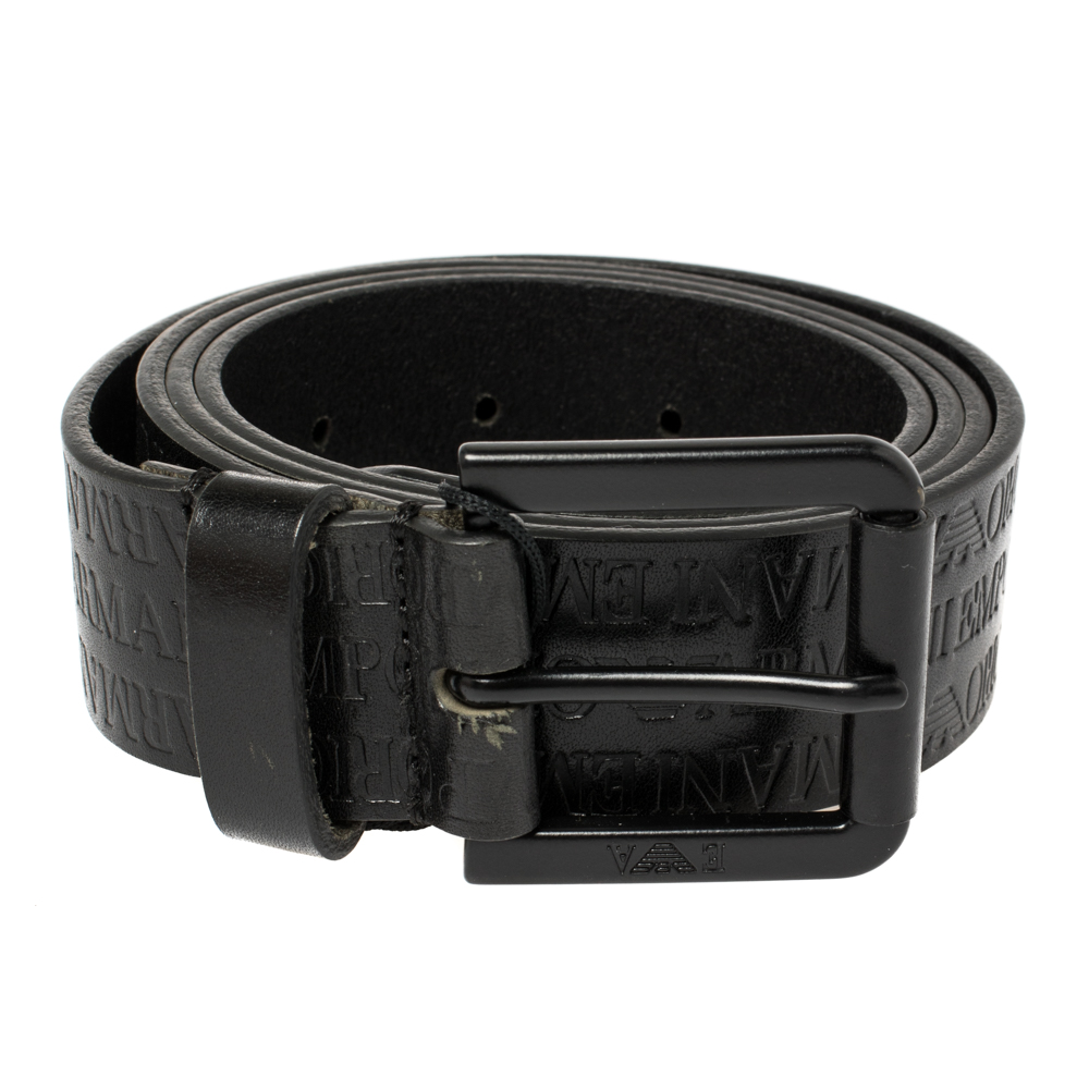

Emporio Armani Black Embossed Logo Leather Douglas Classic Belt