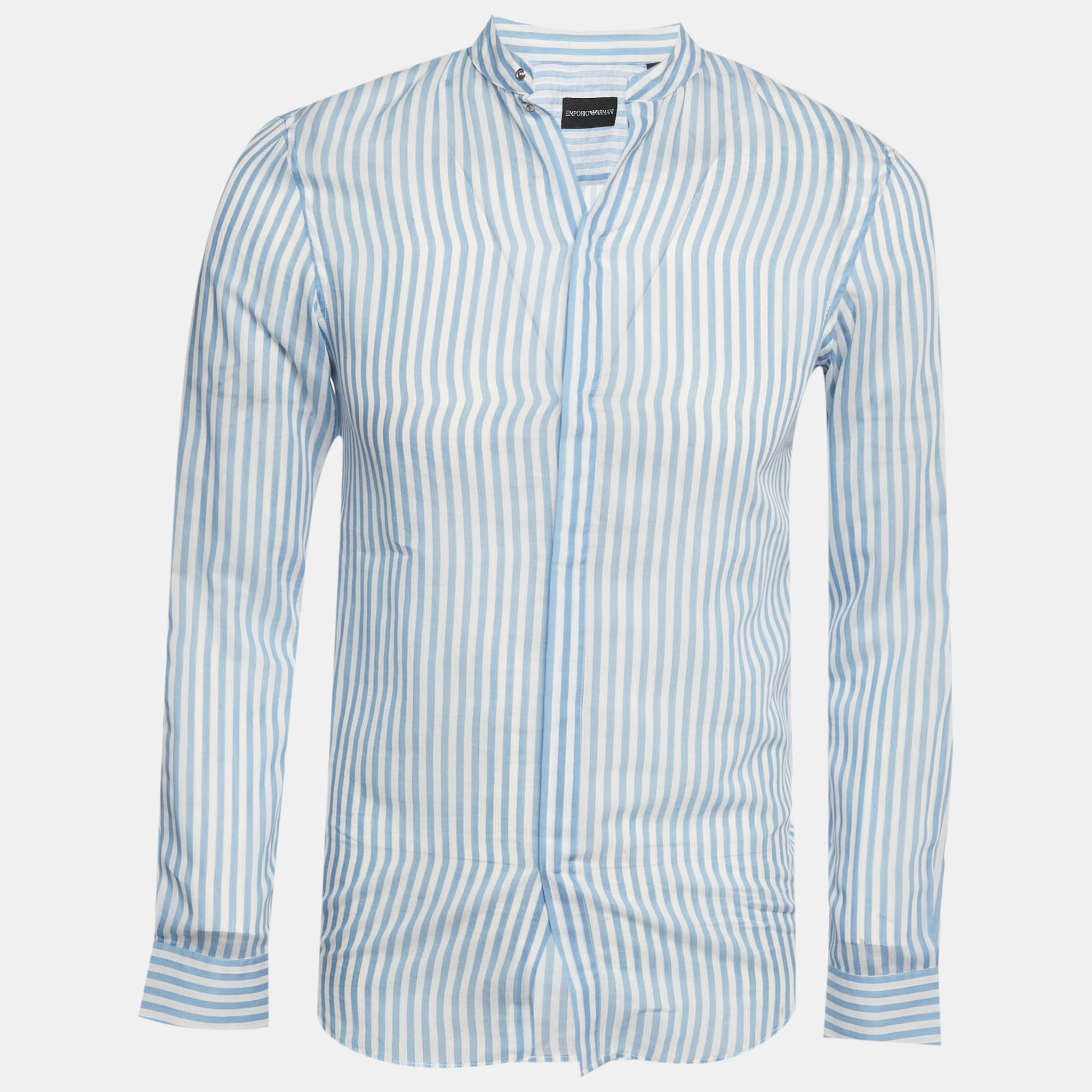

Emporio Armani Blue Striped Cotton Blend Madeiran Collar Shirt S