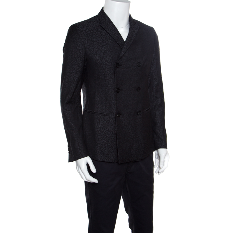 Emporio Armani Dark Grey Patterned Jacquard Wool Double Breasted Blazer ...