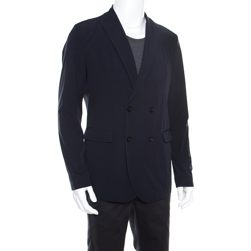 

Emporio Armani Navy Blue Nylon Fingerprint Lined Double Breasted Jacket