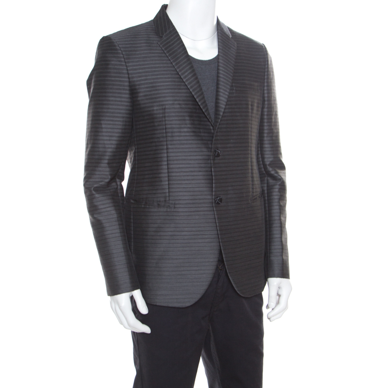 

Emporio Armani Grey Horizontal Striped Wool and Cotton Two Button Blazer