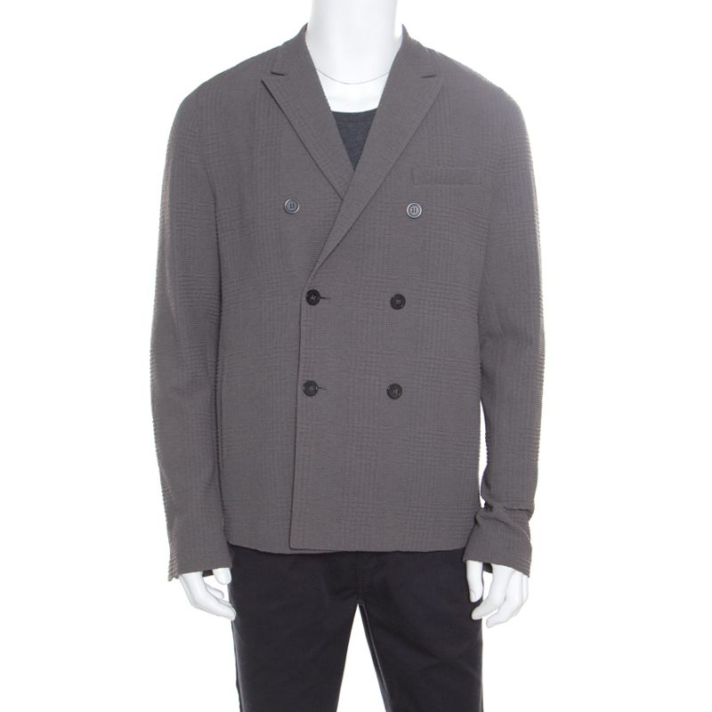 Pre Owned Emporio Armani Grey Textured Double Breasted Blazer XL