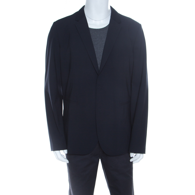 Pre Owned Emporio Armani Navy Blue Wool Knit Lapel Detail Tailored Blazer XXXL