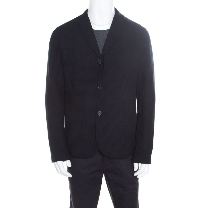Pre Owned Emporio Armani Black Lattice Embossed Cotton Shawl Lapel Blazer XXL