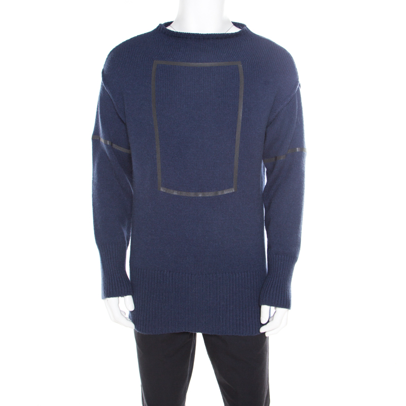 Pre Owned Emporio Armani Blue Square Patterned Tape Detail Alpaca Sweater M