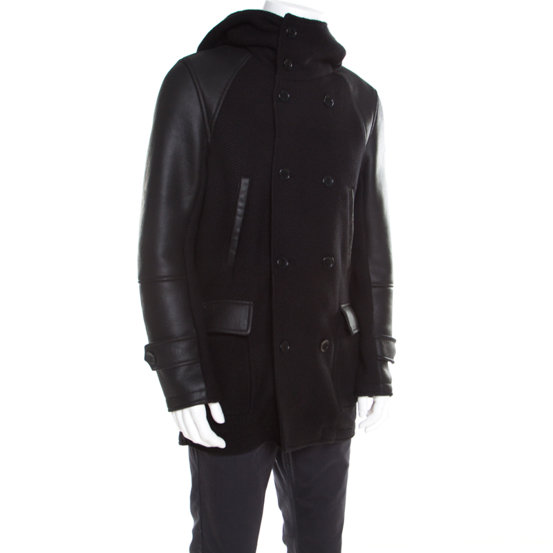 

Emporio Armani Black Chunky Knit Leather Paneled Hooded Double Breasted Jacket