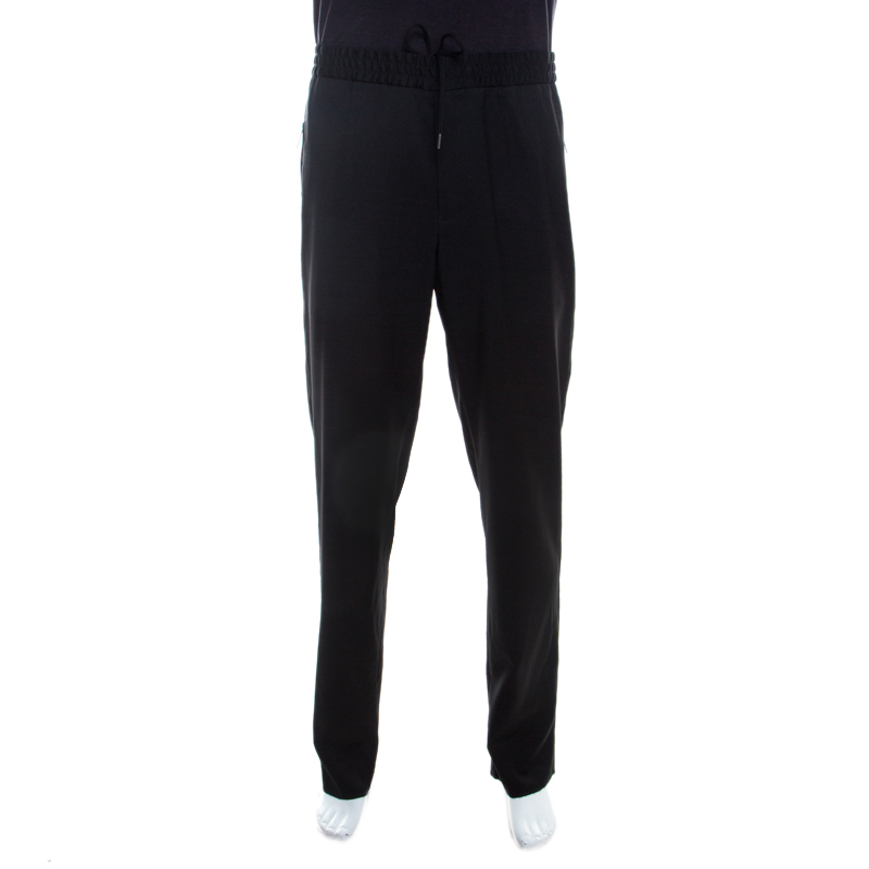 Pre Owned Emporio Armani Black Wool Elasticized Waist Straight Fit Trousers XL