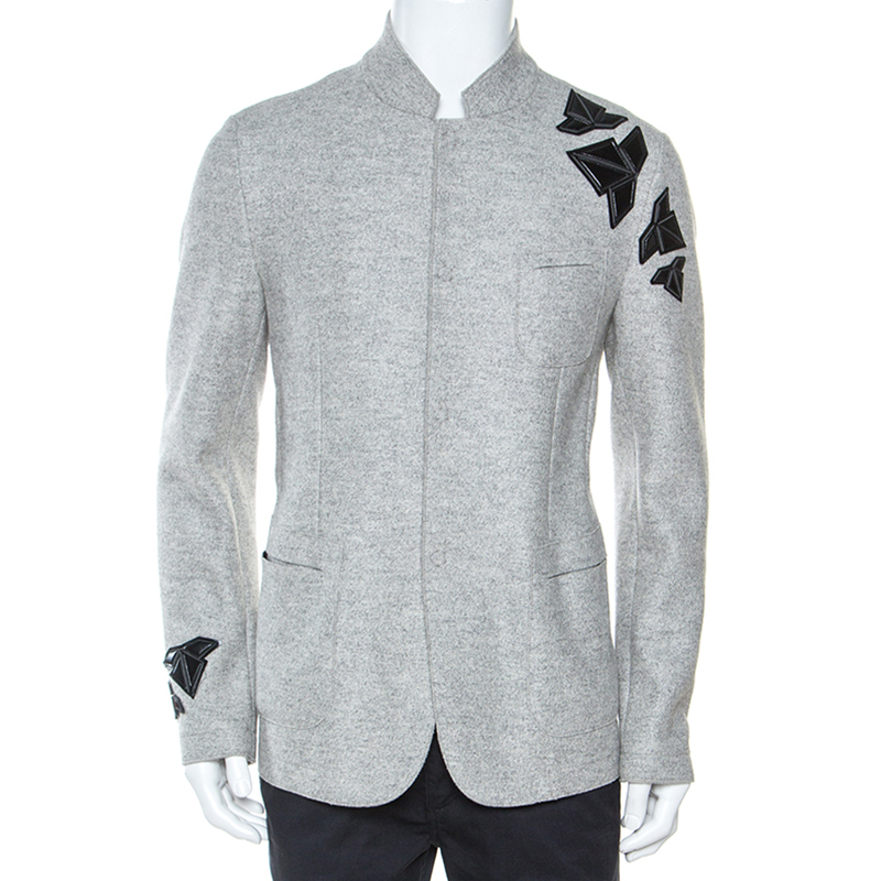 Pre Owned Emporio Armani Grey Wool Cut Out Detail Mandarin Collar Jacket XL