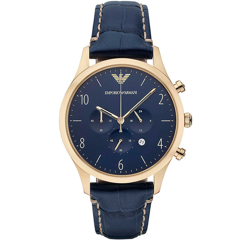 Emporio Armani Blue Yellow Gold Plated Stainless Steel Chronograph Men's Wristwatch 43MM